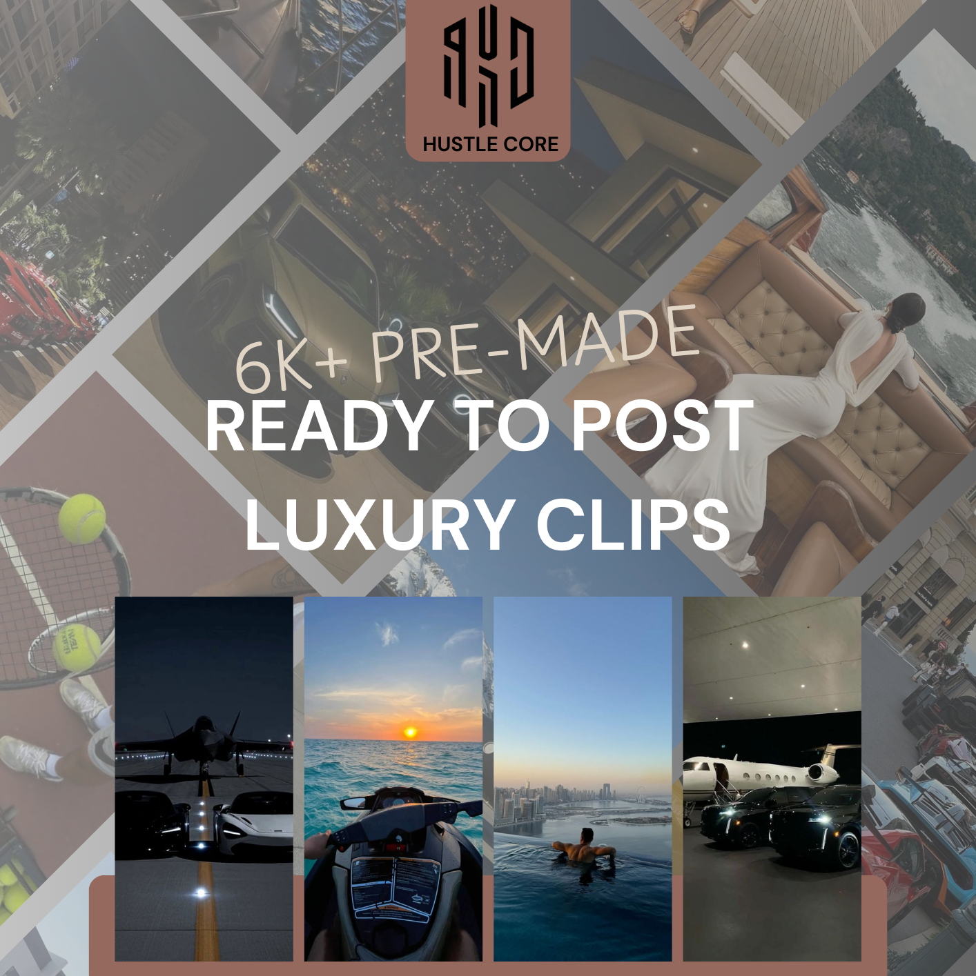 Promotional graphic for luxury lifestyle clips with various images and text overlay.