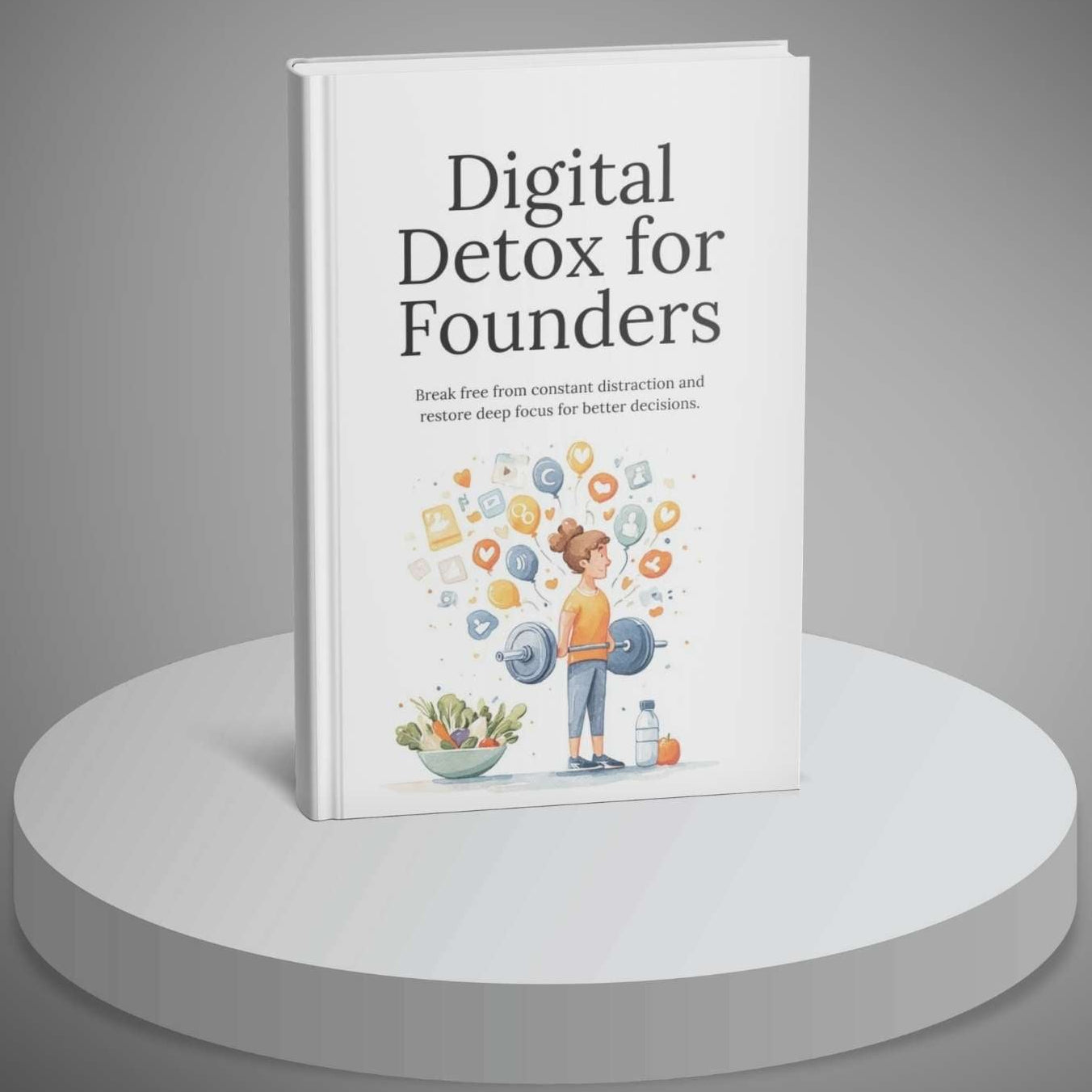 Book titled 'Digital Detox for Founders' on a round platform with a gray background
