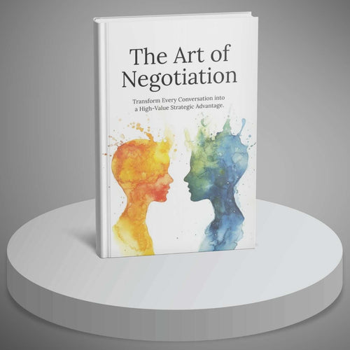 Book titled 'The Art of Negotiation' on a round platform with a gray background