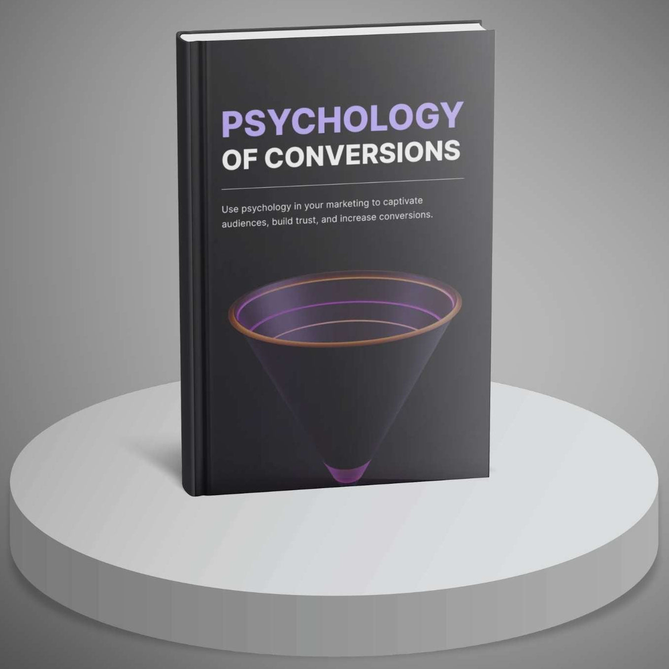 Book titled 'Psychology of Conversions' on a white pedestal with a gray background